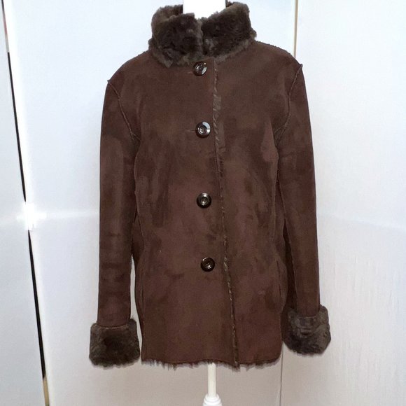 Coldwater Creek Chocolate Brown Faux Fur Button-up Reversible Coat Size 14 - Picture 1 of 9